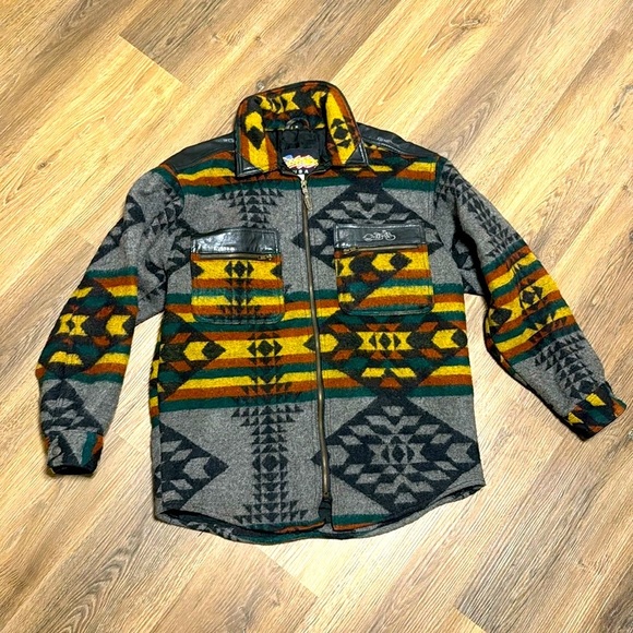 Easy Riders Leather Wool Jacket Motorcycle Native Navajo Aztec Print M vintage - Picture 1 of 13